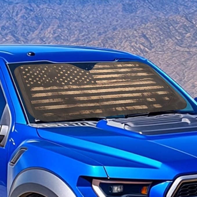 Vintage American Flag Windshield Sun Shade for Front Window Easy to Install Automotive Interior Sun Protection Lightweight Blocking Harmful UV Rays & Heat