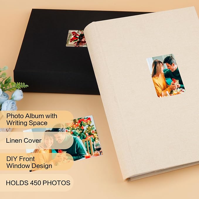 XFveivoo Photo Album 4x6 450 Photos with Writing Space,4 x 6 Photo Book Linen Cover with Front Window, 4x6 Picture Album 450 Photos Photo Album Book for Wedding Kids Travel Family Baby Pictures, Beige