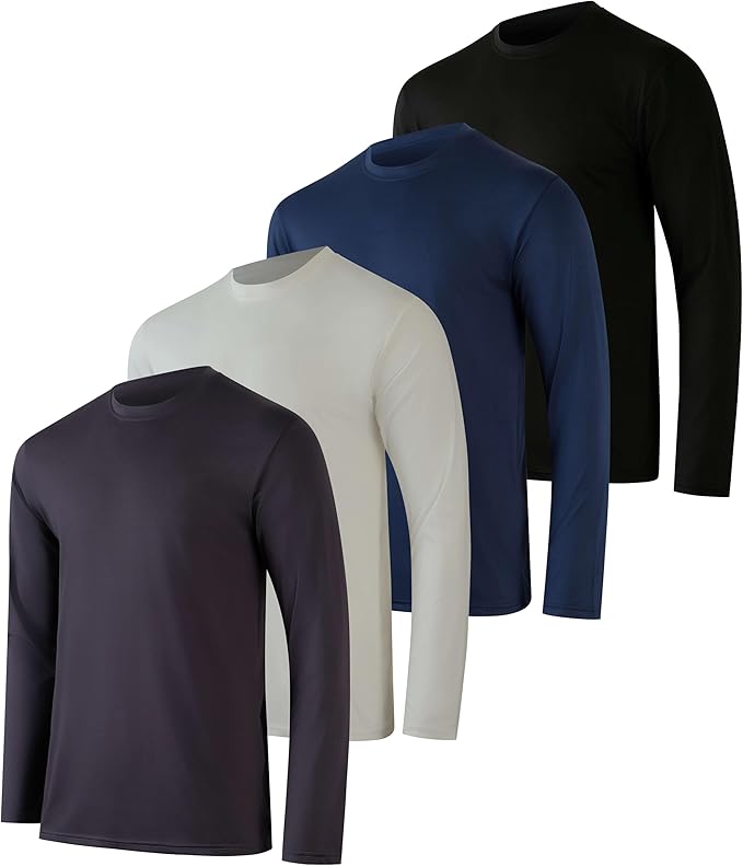 Real Essentials 4 Pack: Mens Long Sleeve Dry Fit T Shirts Hiking Fishing Workout Gym Work Sun UPF 50 Wicking Running Tee