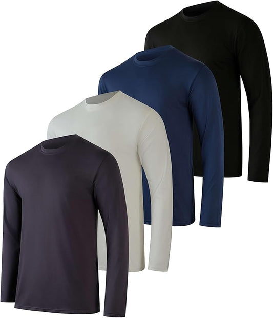 Real Essentials 4 Pack: Mens Long Sleeve Dry Fit T Shirts Hiking Fishing Workout Gym Work Sun UPF 50 Wicking Running Tee