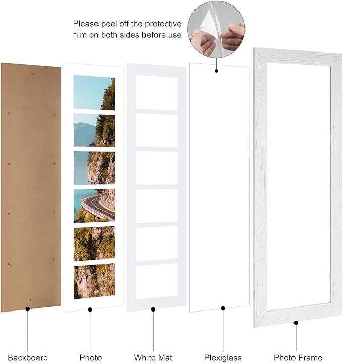 8x26 Picture Frame Display 6 opening 4X6 Picture Frame Collage,Multi Photo Frame with Mat,Plexiglass,Wall or Tabletop Decor,Distressed White Wood Grain