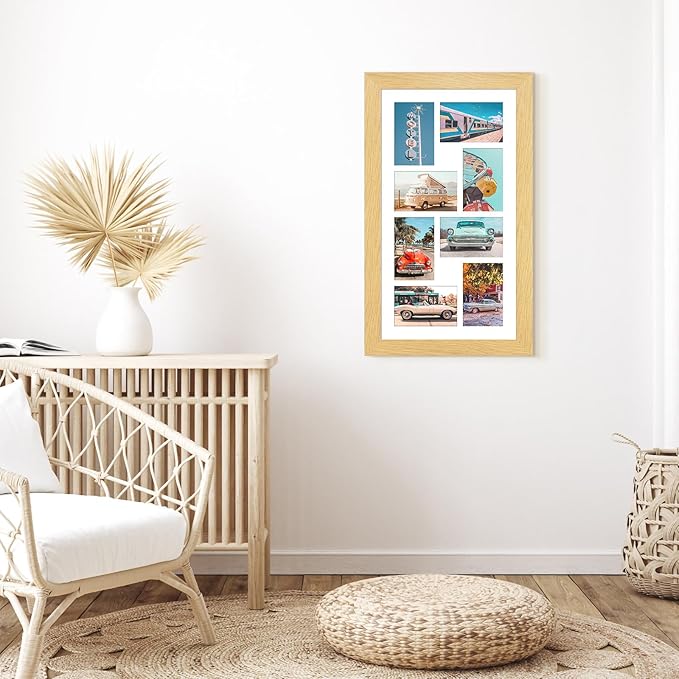 11.8x21.8 Picture Frame Display 8 opening 4X6 Picture Frame Collage,Multi Photo Frame with Mat,Plexiglass,Wall or Tabletop Decor,Natural Wood Grain