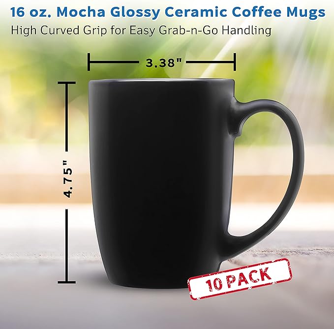 DISCOUNT PROMOS 10 Large Mocha Glossy Ceramic Coffee Mugs Set, 16 oz. - Stoneware, Smooth, Durable, C-handle - Black