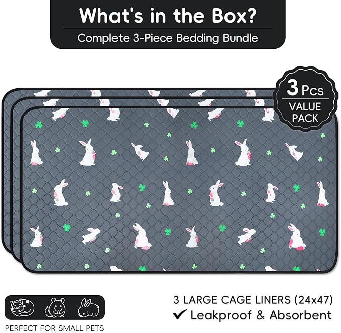 3 Pack Guinea Pig Cage Liners, Washable Guinea Pig Pee Pads Waterproof Reusable & Anti Slip Guinea Pig Bedding Fast and Super Absorbent Pee Pad Tarp Bottom for Small Animals (Rabbit Pattern 24" X 47")