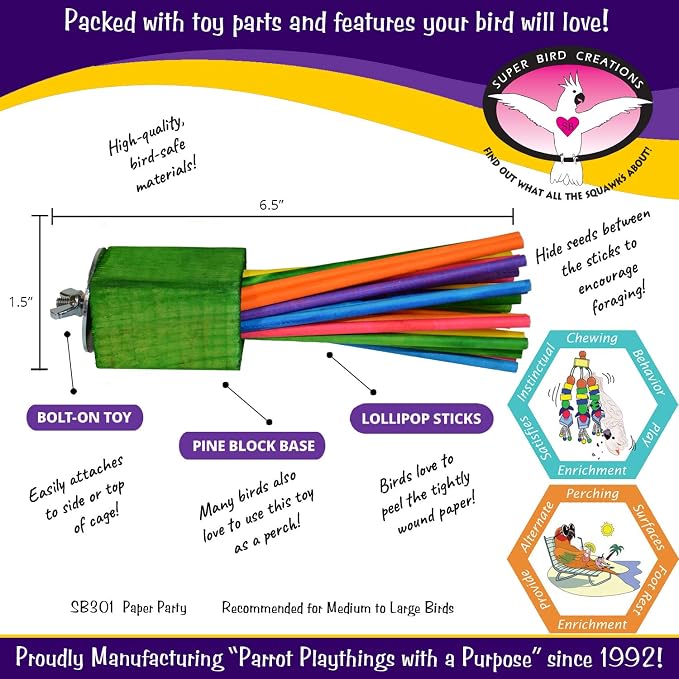 Super Bird Creations - SB301 Chewable Paper Party Bird Toy with Colorful Lollipop Sticks - Ringnecks Medium Conures Parrot - Chew Enthusiasts - Enriching Bird Toys for Medium to Large Birds - 4-Pack