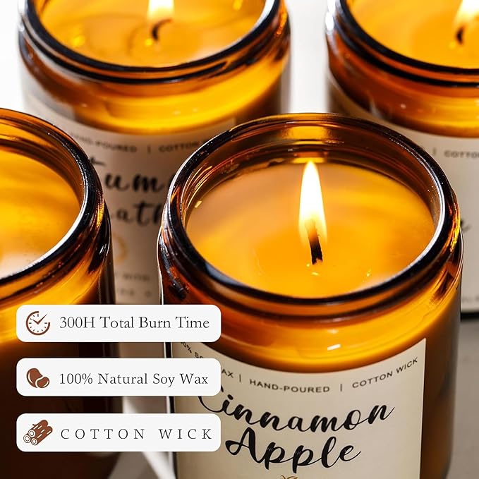 Fall and Winter Candle Gift Set for Women – 6 Pack 300H Total Burn Soy Candles, Christmas Gifts, Luxury Home Décor, Long Lasting Vanilla Balsam, Cashmere Cedar, Cinnamon Apple, Smoke Vanilla Scents