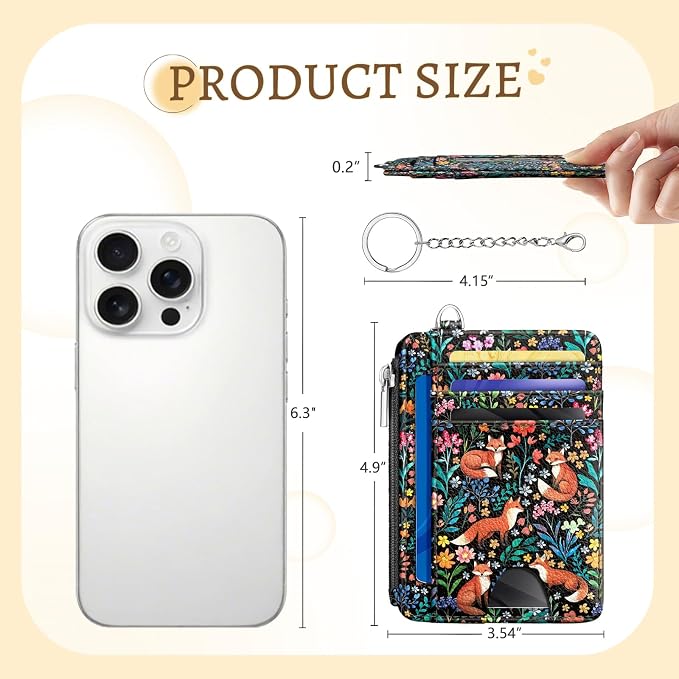 Kelvoris Credit Card Holder Small Wallet Women, Slim RFID, Fox Flowers | Keychain, Zipper Coin Pocket, Front Pocket Thin Travel Card Case, Minimalist, 6 Card Slots, 1 ID Window, Ladies Gifts Woman