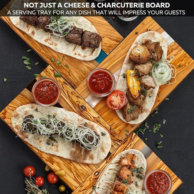 Handcrafted Italian Olive Wood Cheese & Charcuterie Board Set with Unique Black Resin Artwork - Cutting Board Comes with 4 Cheese Knives, 2 Dipping Bowls & Corkscrew Wine Opener (Black)