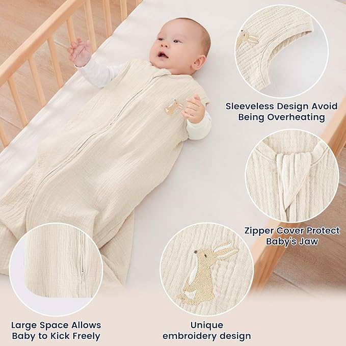 PHF 100% Muslin Cotton Baby Sleep Sack, 18-24 Months Baby Wearable Blanket with 2-Way Zipper, 2 Pack Soft Breathable Cooling 0.5 TOG X-Large Size Sleeveless Sleeping Bag for Boys/Girls, Woodland