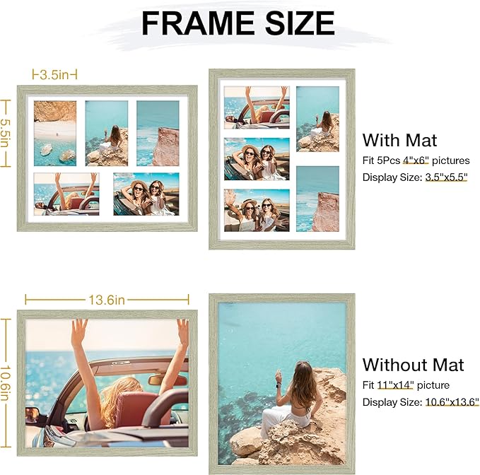 Vittanly 11x14 Collage Picture Frame, Displays 5Pcs 4x6 Pictures with Mat or 1Pcs 11x14 without Mat for Wall Mounting, Picture Frames Collage Wall Decor in Driftwood, 1 Pack