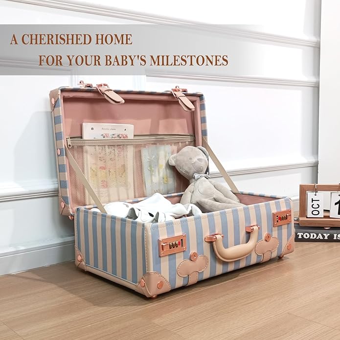 Unitravel Baby Keepsake Case, Handmade Memory Storage Box, Newborn Keepsake Box, Vintage Suitcase for Baby Shower, Baptism, Naming Ceremony or Birthday