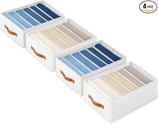 Closet Organizers and Storage - Fabric Clothes Organizer with Handles, Foldable Jeans Organizer for Clothes, Drawer Organizer for Shirts, Bra, Sweater, Scarf, 4 Pack, White