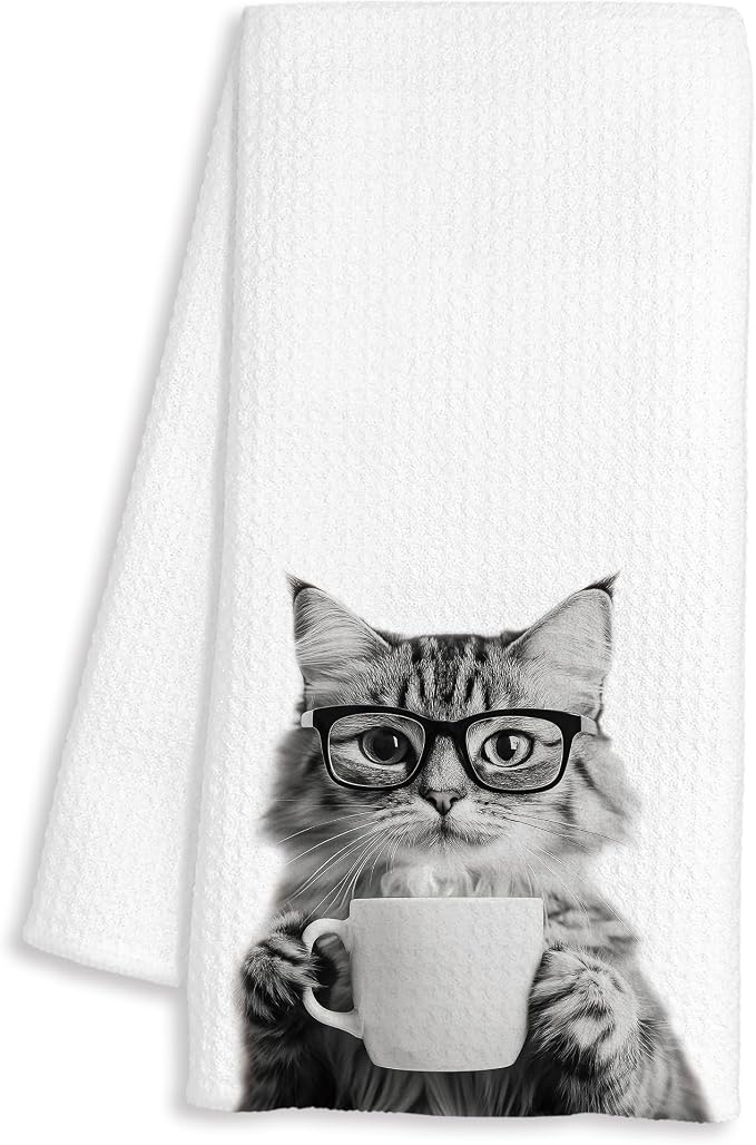 Funny Cat Decor Coffee Kitchen Towels Gift, Cat Gifts for Women, Coffee Gifts for Women, Kitty Lover Gift Decorative Dish Hand Tea Towels for Kitchen Home Bar Decor, 16x24 Inch