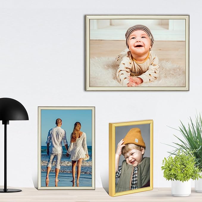 8x10 Picture Frame Set of 2, Champagne Brushed Simple Thin Aluminum Metal Photo Frame with HD Real Glass, Display for Tabletop and Wall Collage, 2 Pack
