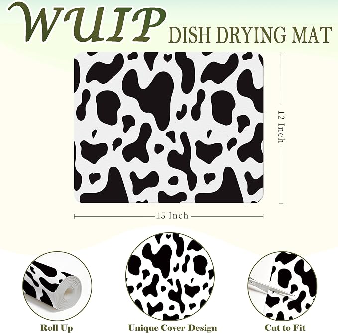 Cow Print Dish Drying Mats for Kitchen Counter, Black and White Cow Animal Print Absorbent Reversible Coffee Bar Mat Drying Pad for Kitchen Decor, 12x15 Inch