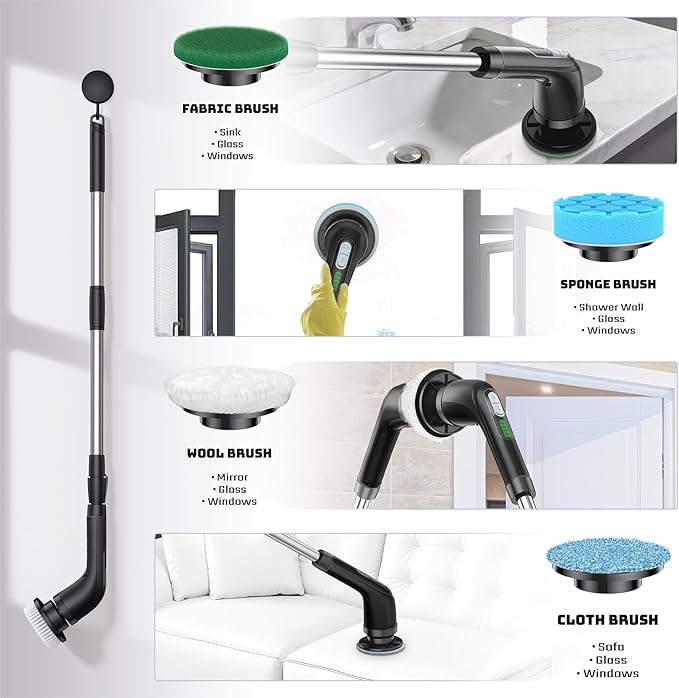 Electric Spin Scrubber, Powerful 2-Speed Cleaning Brush, IPX7 Waterproof with 7 Reusable Brush Heads & Extendable Handle, for Bathroom Toilet Shower Kitchen Wall Tile Floor Grout (Black)