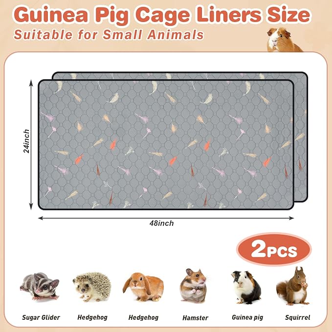 2Pcs Guinea Pig Cage Liners,Guinea Pig Fleece Cage Liners24''X48'' Super Absorbent Washable Pee Pads Reusable for Rabbit Hamster Chinchilla