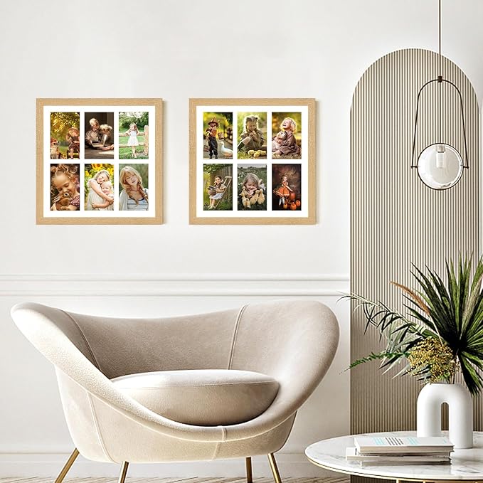 13x13 Collage frame with 6 Openings 4X6 Pictures, Multiple Picture Frame with Mat, Wall or Tabletop Decor, Natural Wood Grain,2 Pack