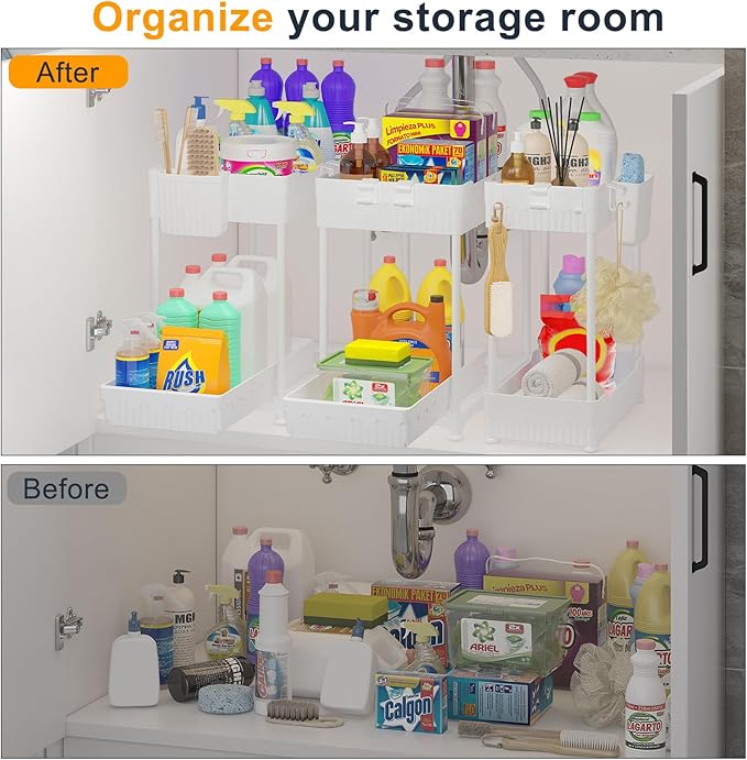 3 Pack Under Sink Organizers, 2-Tier Multi-Use Kitchen and Bathroom Organizers and Storage with Sliding Drawers, Bathroom Cabinet Organizer (White, 12.8 Inch)