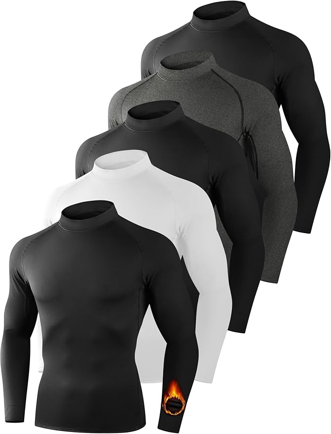 Dalavch 5 Pack Thermal Compression Shirts for Men Mock Turtleneck Long Sleeve Running Undershirt Base Layer Tops for Winter