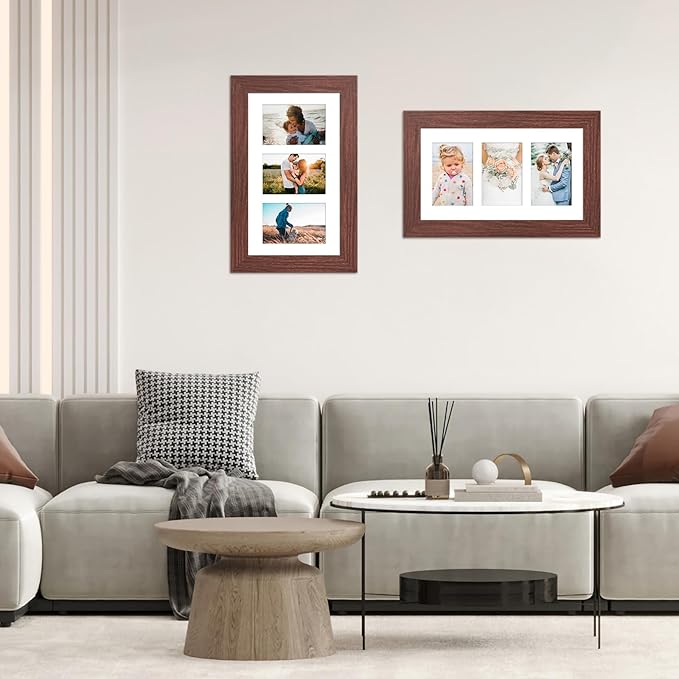 8x14 Picture Frame Display 3 opening 4X6 Picture Frame Collage,Multi Photo Frame with Mat,Plexiglass,Wall Hanging Decor,Walnut Wood Grain