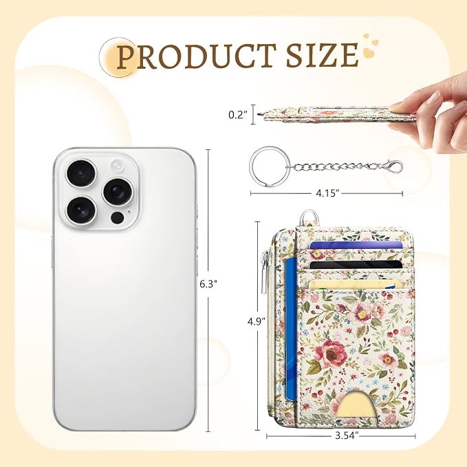 Kelvoris Credit Card Holder Small Wallet Women, Slim RFID, Flower | Keychain, Zipper Coin Pocket, Front Pocket Thin Travel Card Case, Minimalist, 6 Card Slots, 1 ID Window, Ladies Gifts Woman