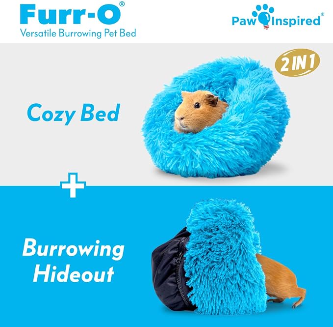 Paw Inspired Furr-O Burrowing Pet Bed Enrichment, Removable Base, Blue | Cozy Carrier Toy, Zip-On Spandex and Fleece Bottoms, Hideout Cage Accessories for Guinea Pigs, Hamsters, Small Pets, Animals