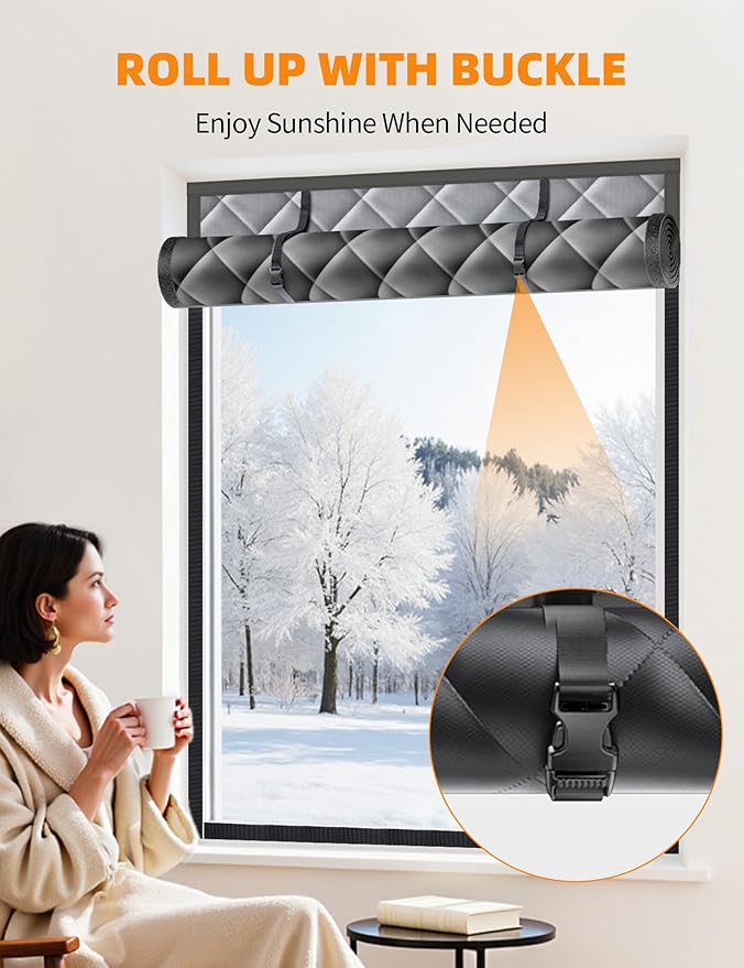 Window Insulation for Winter, 39″×63″ Thermal Window Cover (Fits 36″×60″ Windows ), Dual-Sided Winterizing Curtain for Home & RV, Reusable Draft Stopper with Roll-Up Buckle
