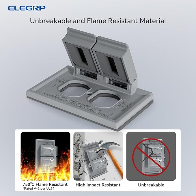 ELEGRP Horizontal Outdoor Cover for Duplex Receptacles, 2-Hole Weatherproof Wall Plate, Outdoor Electrical Outlet Cover, Standard Size 1-Gang 4.55” x 3.02”, Thermoplastic, 2 Pack, Grey