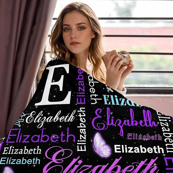 Custom Blanket, Personalized Baby Blanket Customizable Name Customized Baby Name Throw-Blanket Purple Butterfly Pattern Customize Blankets for Baby Girl or Boy Best Gift for Baby Newborn New Mom