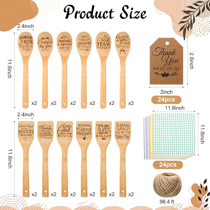 Honeydak 24 Employee Appreciation Gifts Set Thank You Employee Kitchen Utensils Bamboo Spoon Flat Spatula Kitchen Towel Thank You Tag for Team Staff Colleague Coworker Farewell Gift