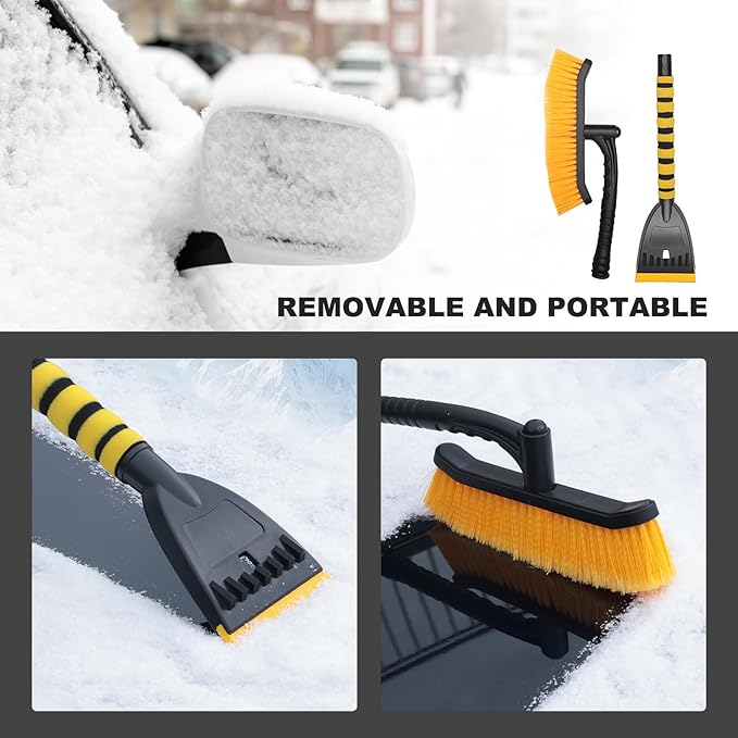 39" Snow Brush & Ice Scraper for Car Windshield, 2-in-1 Detachable Ice Scraper with 360° Pivoting Brush Head, Extendable Snow Removal Tool Winter Accessories for Cars Trucks SUVs (Yellow)