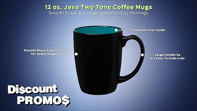 DISCOUNT PROMOS 10 Java Two Tone Coffee Mugs Set, 12 oz. - Stoneware, Durable, Easy Grip - BLACKTEAL