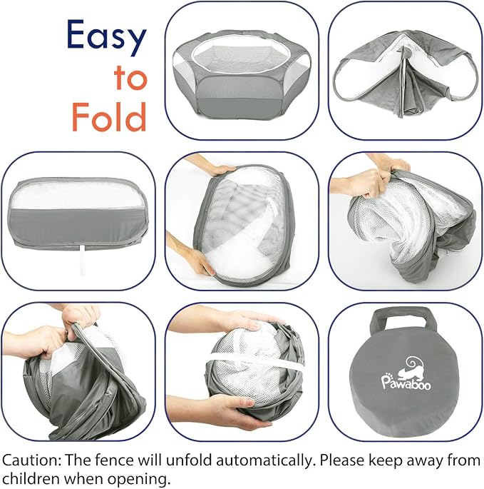 Pawaboo Small Animal Playpen with Zippered Cover,Light Gray | Portable pop-up pet tent for supervised rabbits, guinea pigs, chicks and kittens; water-resistant bottom and 3 metal rods
