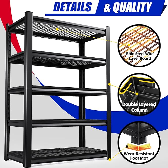 72"H Garage Shelving Adjustable Garage Shelves 3000LBS Storage Shelves,5-Tier Metal Shelving Unit Storage Shelf, Easy Assembly Utility Shelf for Warehouse, Basement, Black (72''H x 35.4''W x 15.6''D)