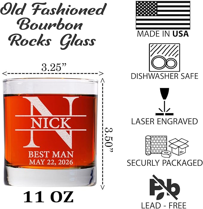 Set Of 5, Personalized Whiskey Glass For Groomsman Gifts, Best Man, Groom, 11oz Old Fashioned Custom Monogrammed Whiskey Glass