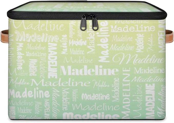 Custom Storage Basket with Name, Personalized Keepsake Box with Zipper Lid, Foldable Fabric Memory Bin Large capacity with Handle Yellow Green