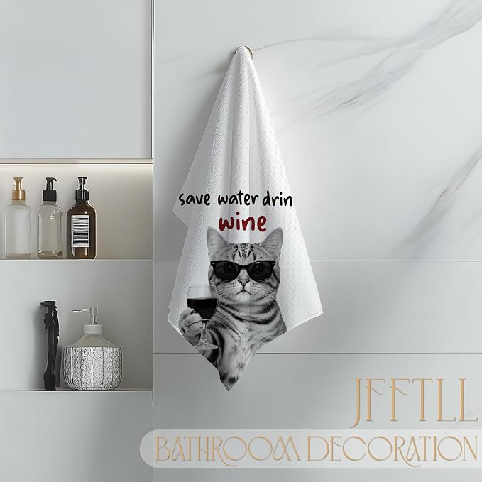 Funny Tabby Cat Kitchen Towels, Cat Lover Mom Dad Gifts Dish Tea Towels, Save Water Drink Wine Lover Gifts Decorative Bar Towel for Bartender Kitchen, 16x24 Inch