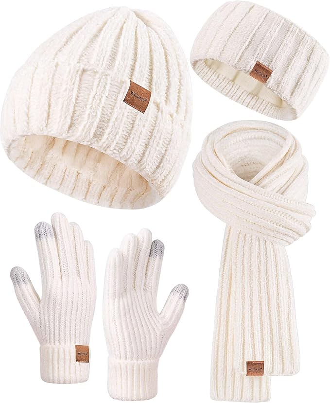 Women Beanie Scarf Gloves Headband Set, Chenille Winter Hats Fleece Lined Ear Warmer Knit Scarf Touchscreen Gloves 4 Gift Set