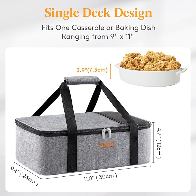 LUNCIA Insulated Single Decker Casserole Carrier, Lasagna Lugger Tote Keeps Food Hot or Cold, Thermal Lunch Bag for Potluck Parties, Picnic and Cookouts, Fits 8"x11" Baking Dish, Grey
