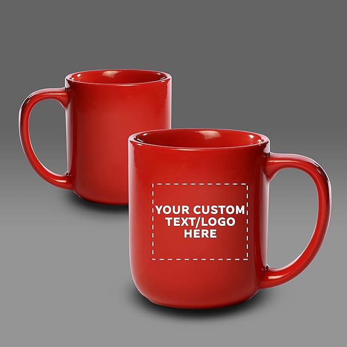 DISCOUNT PROMOS Custom Vibrant Color Glossy Ceramic Mugs 16 oz. Set of 10, Personalized Bulk Pack - Perfect for Tea, Espresso, Cappuccino, Hot Cocoa - Red