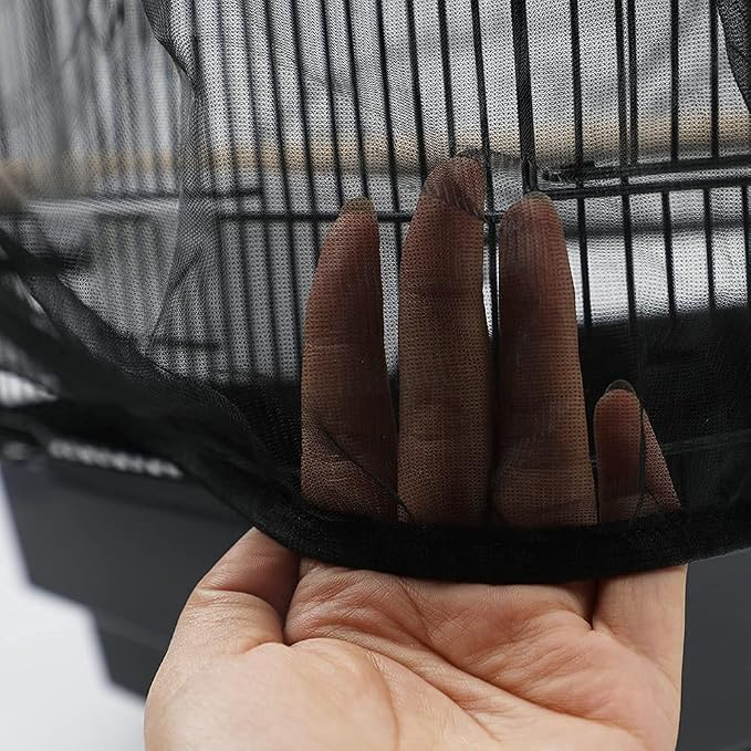 Universal Bird Cage Seed Catcher,Seed Catcher Guard Net Cover,Parrot Nylon Mesh Net Cover,Soft Airy Cage Net Stretchy Skirt for Round Square Cages (Circumference 74 inch to 118 inch，Black)