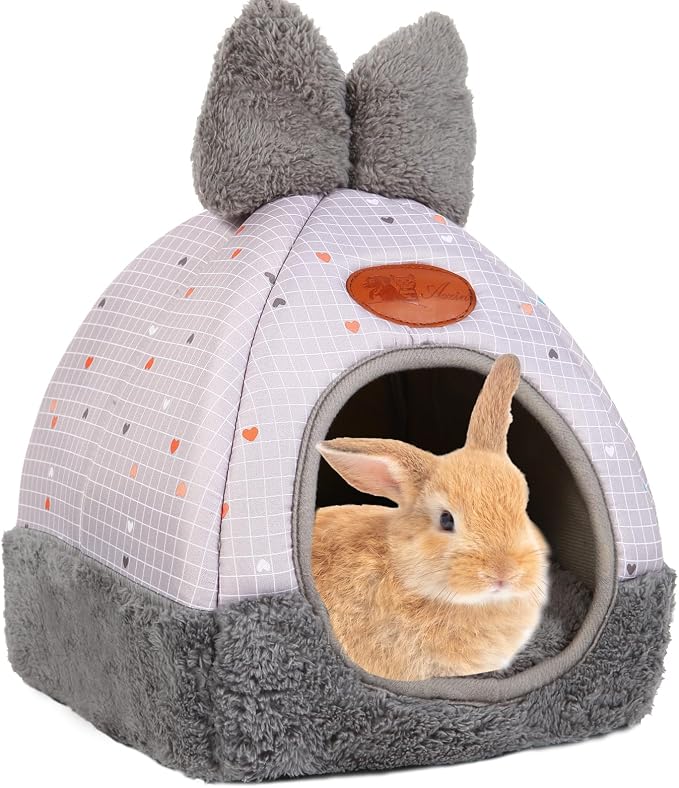 Bunny Bed Hideouts House Ferrets Rats Hedgehogs Chinchilla Cage Accessory for Rabbit Guinea Pig Hamster Cozy and Warm Rabbit Bed with Cute Bowknot Rabbits Hamster Bunny Grey Grid ﻿