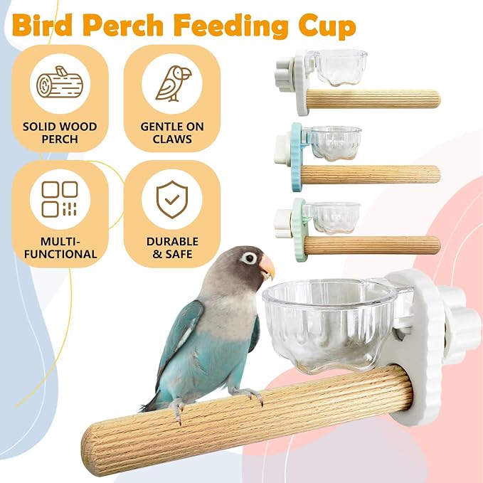 Kathson 3Pcs Bird Perch Feeding Cup Natural Wood Perches with Removable Bird Feeder for Cage Parrot Stand for Parakeets, Budgies, Cockatiels,Parrots, Birds Chewing Stick (White)