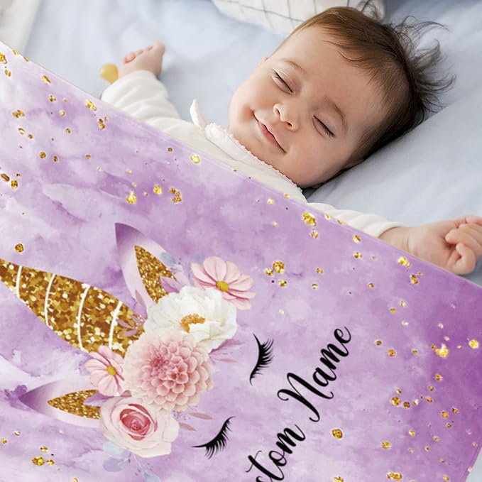 Personalized Unicorn Blanket with Name for Girl, Custom for Kids, Soft Flannel Purple Toddler Customized Gift for Birthday Christmas Baby Shower Newborn 30'' X 40'', 30''x40'' for baby