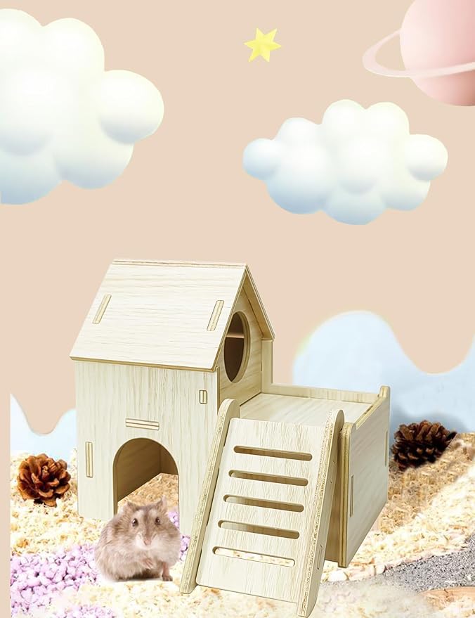 Hamster Hideout Cage Accessories - Hamster House and Habitat Wooden Hide Hut with Climbing Ladder and Platform for Dwarf Gerbils and Mouse Mice Rat Other Small Animals etc.