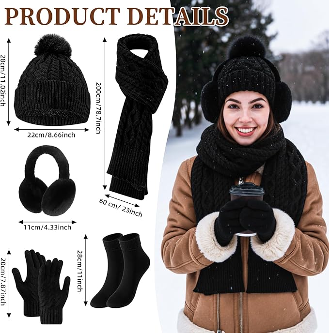 Geyoga 6 Pcs Winter Warm Set for Women Warm Beanies Hats Touchscreen Gloves Long Scarf Ear Muffs Socks Winter Gifts for Women