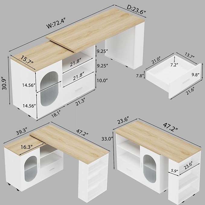 HSH 72.4” Rolling Kitchen Island with Swivel Table, Storage Cabinet, Drawers & Shelves, White Modern Mobile Island Cart on Wheels, Farmhouse Wood Island Table for Kitchen, Dining Room, Home Bar