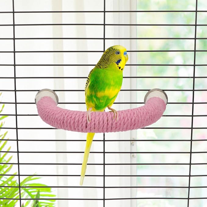Hypeety U Shape Bird Hemp Rope Perch Parrot Paw Grinding Stand, Pink, S | U shape, natural wood with hemp rope, grinding paw and beak naturally, birdcage accessories, for budgies/cockatiels/conures