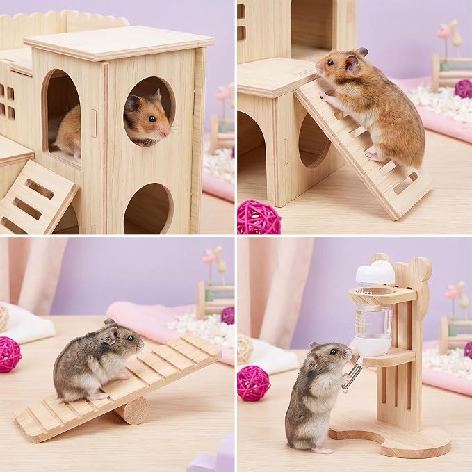 26 Pcs Hamster Cage Accessories, Silent Wheel & Wood House Set | Includes Maze House, Water Bottle, 13 Chew Toys, Seesaw Bridge; Natural Wood, for Guinea Pigs Chinchillas Gerbils Mice Rats